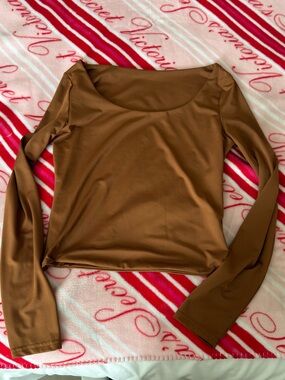 SHEIN Brown Long Sleeve Scoop Neck Top